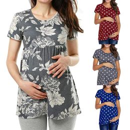 T-Shirt Femme Grossesse T-Shirt Décontracté Maternité Été Manches Courtes Dot Print Tees Tops Tunique Enceinte Blouse Vêtements De Maternité