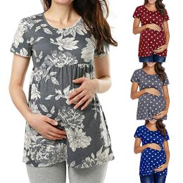 T-Shirt Vrouwen Zwangerschap Casual T-shirt Moederschap Zomer Korte Mouw Dot Print Tees Tops Zwangere Tuniek Blouse Zwangerschapskleding