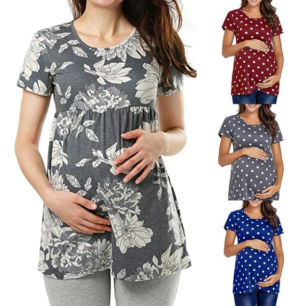 Camiseta Mujer Embarazo Casual Camiseta Maternidad Verano Manga Corta Punto Impresión Camisetas Tops Embarazada Túnica Blusa Ropa de Maternidad