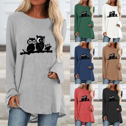 T-Shirt femme Automne Mode Décontracté Femmes Col Rond Lâche Tshirt Pull Sweat Grande Taille Femmes Hibou Imprimé T-Shirt