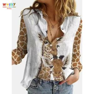 T-shirt Femme Girafe Graphic thème Blouse chemise bouton Button Animal Imprimé Collit Collit Streetwear Top Deer Modèle Long