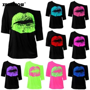 Camiseta XUANSHOW 2024, disfraz Sexy para mujer, Tops con cuello transparente, manga media, estampado de labios grandes, ropa holgada Vintage, camisetas para mujer