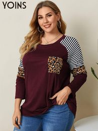 T-Shirt YOINS Grande Taille 4XL Vintage Léopard Imprimé T-shirts Femmes Manches Longues Rayé Patchwork Tunique Tops Décontracté Automne Fête T-shirts