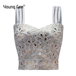 Camiseta Young Gee Mujer Vendaje Elástico Tops Cortos Recortados Correa Espagueti Sexy Busty Pluma Dorada Impreso Fitness Crop Streetwear