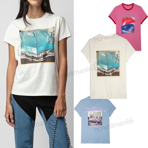 Camiseta Zadig Voltaire 24SS Mujer Diseñador Camiseta de algodón Moda Nueva Zadig Tops Coche azul Tinta blanca Impresión digital Diamante caliente Albaricoque Camisetas de playa de manga corta