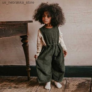 T-shirts 100% vintage stijl katoen kinderkinders corduroy jumpsuit winter nieuwe elastische taille losse brede been broek kinderen overalls tz366 Q240418