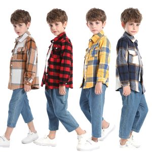 T-shirts 100Cotton Plaid Shirts for Kids Boys Girls Girls Toddler bébé 0 à 1 2 3 4 5 6 7 8 9 10 ans Marine rouge Blue Brown Children Shirts Fall