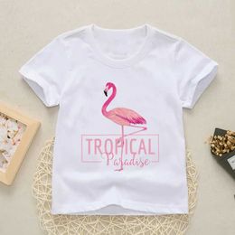 T-shirts 2020 Summer Cute Childrens T-Shirt Flamingo Cartoon Print T-shirt Childrens Round Neck Girls and Boys T-Shirt Casual Design YKP015L240509