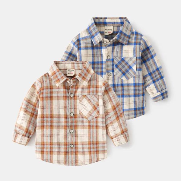 T-shirts 2022 New Kids Shirts Long Manche à manches longues Plaid Spring Automne Enfants Boys and Girls Vêtements Coton décontracté Coton Vérifié Tops 24m11