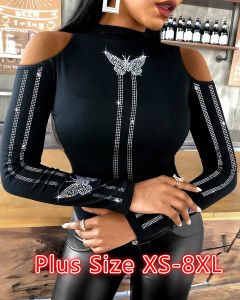 T-shirts 2022 Femmes Mode Sexy Diamants Papillon Imprimer Tsh Femme Épaule Froide Papillon Slim Motif Clouté Tops Slim Chemise Lâche