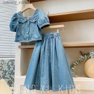 T-shirts 2023 Nouvel été bébé filles robe ensemble mode manches courtes haut en jean + jupe en jean 2 pièces costume enfant princesse Denim tenues adolescentes 4-10 L240311