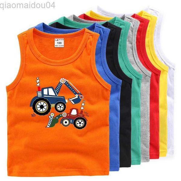 Camisetas 2023 nueva camisola de verano para niños y niñas, camiseta sin mangas de algodón para niños, chaleco informal de excavadora de dibujos animados para niños AA230518