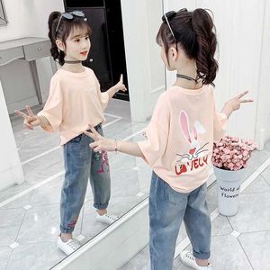 T-shirts 2023 Soudan Summer Childrens à manches courtes Top Youth Girls Clothing Junior Girls Coton Pull Youth Girls O-Neck T-shirtl240509