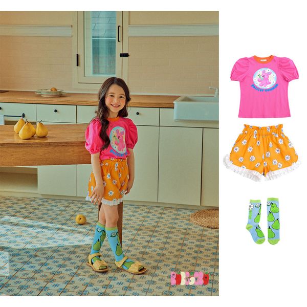 Camisetas 2023 verano marca coreana dibujos animados lindo conejo Tops flor naranja pantalones cortos niñas conjuntos pera calcetines para ropa 230620