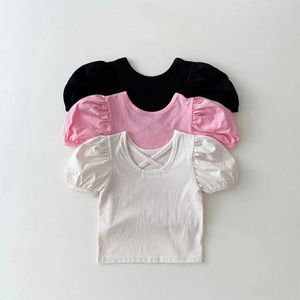 T-shirts 2023 Zomer nieuwe baby korte mouw t shirts mode meisjes puff solide kinderen casual katoenen baby top H240423