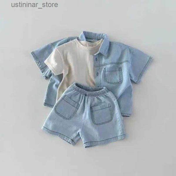 T-shirts 2023 Été Nouveaux Enfants Denim Chemises + Shorts 2pcs Costume Bébé À Manches Courtes Vêtements Ensemble Pour Garçon Fille Jeans Tenues Enfant Casual Set24328