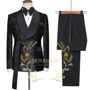 T-shirts 2023 Tailorormade Black Black Groom Tuxedo Double Breasted Men Suit Prom Wedding Party Mens Costume Costume (veste + pantalon + ceinture)