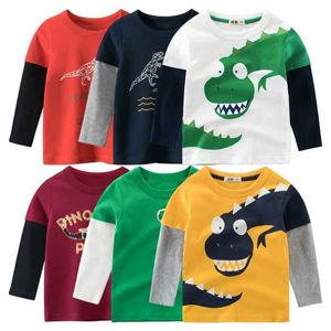 T-shirts 2024 Childrens Clothing Autumn New Boys T-Shirt Wholesale Cartoon Dinosaur Kids Tops T-stukken T-shirt met lange mouwen voor Boyl2405