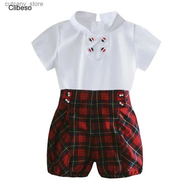 Camisetas 2024 Clibeso Traje español para niños pequeños Conjuntos de ropa superior e inferior de verano para niños Camisa blanca para recién nacidos + Pantalones a cuadros L240311