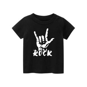 T-shirts 2024 Nieuwe mode Kids T-shirt voor jongens Zwart Wit Gray Kort Mouw Kinder Kleding Rock Print Boy T-shirt voor Girls Topsl2405