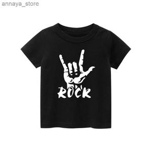 T-shirts 2024 Nieuwe mode Kids T-shirt voor jongens Zwart Wit Gray Kort Mouw Kinder Kleding Rock Print Boy T-shirt voor Girls Topsl2404