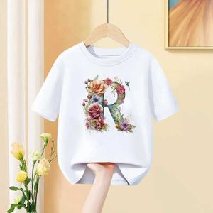 T-shirts 2024 Nieuwe bloemen 26 Letter A-Z Kinderen T-shirt Kawaii T-shirt ABCD Cartoons Casual kleding Kid Girl Korte Mouw White Top Teel2405