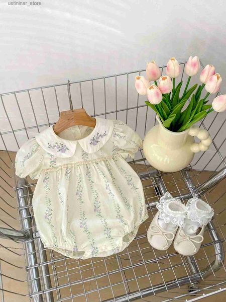 Camisetas 2024 verano nuevo bebé niña lindo mono de manga corta algodón recién nacido dulce bordado mono infantil flor princesa ropa 24328