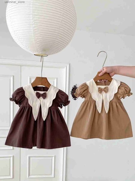 T-shirts 2024 été nouveau bébé fille manches bouffantes tenue décontractée style preppy infantile enfant en bas âge poupée col vintage robe de princesse enfants vêtements24328