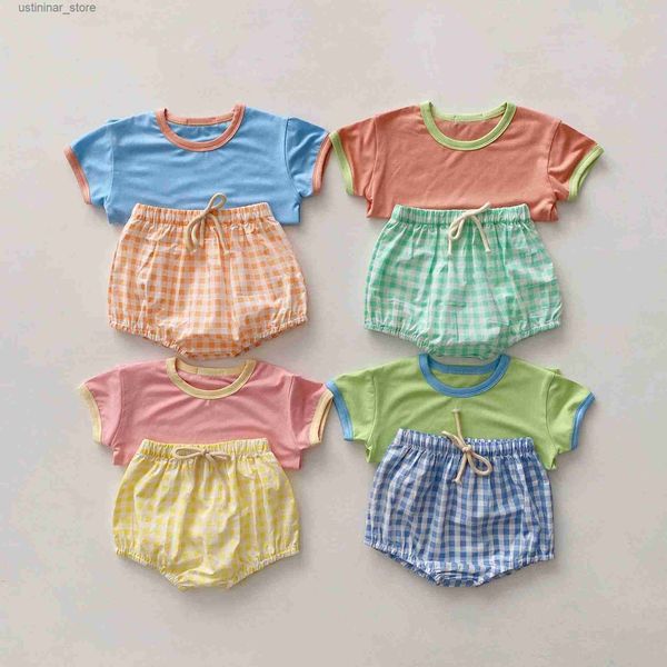 Camisetas 2024 Verano Nuevo Bebé Ropa de manga corta Conjunto Lindo Infantil Color Caramelo Camisetas de algodón + Pantalones cortos a cuadros 2 piezas Traje Niño Niña Trajes 24328