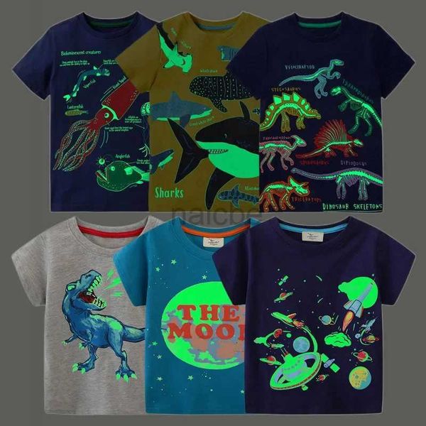 T-shirts 2024 Été Nouveaux enfants de mode Dinosaures lumineux Carton de requin