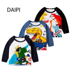 T-shirts 210-jarige kinderkleding T-shirts Cartoon Dinosaur Letter Splicing Stripe Stripe oneck jongenskleding 2023 Nieuwe mode kinderkleding