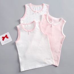 Camisetas 3 8 años de edad, verano, niña pequeña, refrescante, transpirable, bonito chaleco con lazo, algodón de alta calidad seleccionado, blanco, rosa, puntos pequeños 230323