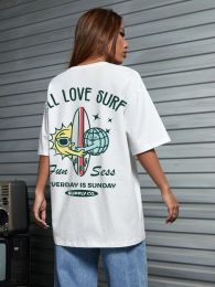 T-shirts All Love Surf Fun Everday Is Sunday Cartoons Print T-shirts Dames 100% Katoen Ademend Korte Mouw Oversized Casual T-shirt
