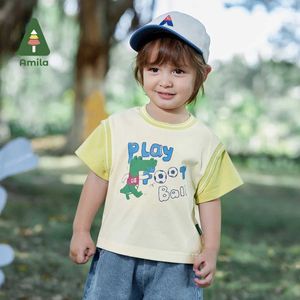 T-shirts Amila Baby Boys T-shirt zomer 2023 Nieuwe schattige dierencartoonprint splitsing nep twee casual ronde nek kinderen kleding 0-6yl240509