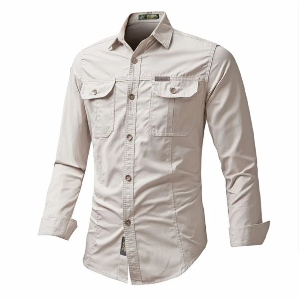 T-shirts armée verte de style safari Men de style Indiana Jones même tshirt 2 poche de poche à manches longues de grande taille