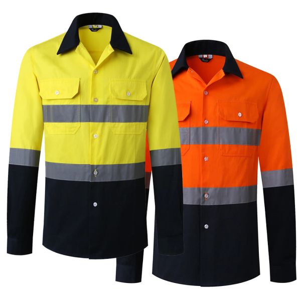 T-shirts As / NZS Australian Miner Hi vis Button Work Shirt For Men Shirt en coton de sécurité en jaune et bleu bleu marine