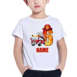 T-shirts Baby Boys Cool Firefighter Car Birthday Numbers Naam T-shirt Kinderen Girls Happy Birthday T Shirt Kids White Tops 240410