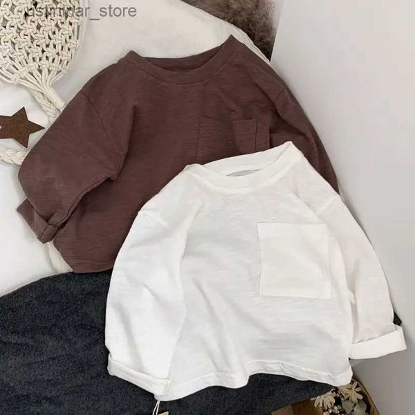 ¡Camiseta de algodón del bebé!Camiseta de manga larga de algodón de bambú con diseño de bolsillo para niños y niñas coreanos ropa para niños 24328