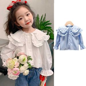 T-shirts babymeisje blouses kinderen katoenen shirt 2024 lente en herfstpop nek top 1-6 jaar oude kinderen Koreaanse vaste kleur kledingl2405