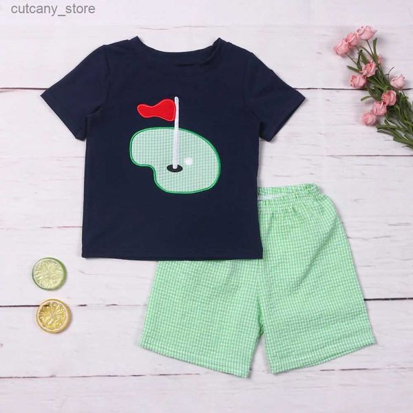 T-shirts Bébé Nouveaux Enfants Coton À Manches Courtes Noir T-shirt Ensemble Col Rond Balle De Golf Motif Garçon Top Vêtements Et Treillis Vert Costume Court L240311