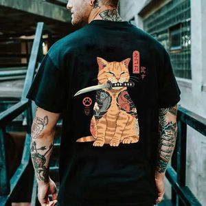 T-shirts Cartoon Anime Warrior Cat Print Mens T-shirt Outdoor Hip-Hop Harajuku Retro kleding Casual O-Neck losse korte mouwen T-shirtl2404