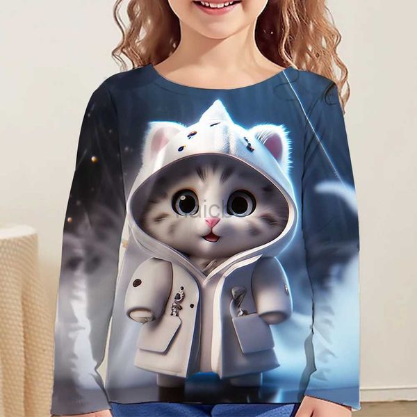Camisetas Cartoon Cat Tshirt para niñas Mayoras de 13 a 14 años Ropa para niños Camas de manga completa Niños de otoño Tops Animales 3D Camisetas 240410