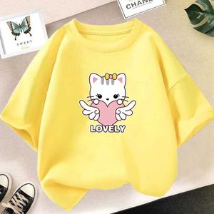 T-shirts Vêtements pour enfants T-shirt d'été Kawaii Cat Imprimé Belle T-shirt Girl Animal Print Tops Tee Tee Gril Black White Clothes Y240521