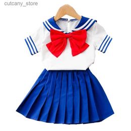 T-shirts Costume pour enfants pour filles été à manches courtes haut à nœud + jupe plissée Sailor Moon Cosplay ensembles tenue décontractée bébé enfants vêtements L240311