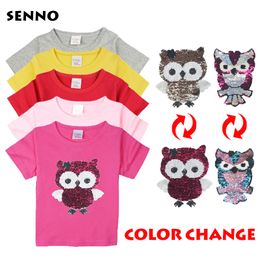 T-shirts Kleur veranderende pailletten omgedraaid omkeerbare pailletten t-shirt tee kids meisjes t-shirts met dubbelzijdige top 230711