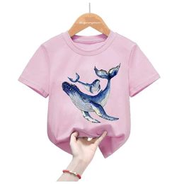 Camisetas Cool Starry Sky Whale Animal Impresión Pink Tshirt Girls Kawaii Dolphin Flowers T COMRA CARA DE NIÑOS 2-10 AÑOS Tops de camiseta Y240521