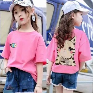 T-shirts katoenen meisjes korte mouw kat vis print t-shirt zomer kinderen kleding Koreaanse losse halve mouw zomer topl2404