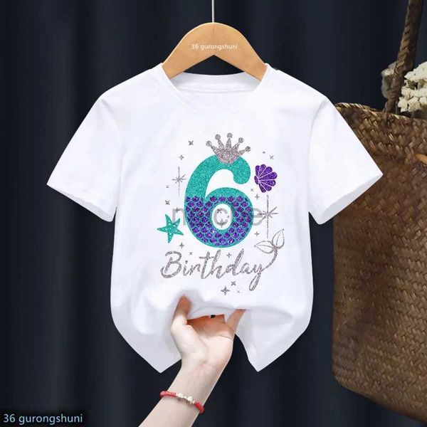 T-shirts vêtements pour enfants mignons 6e cadeau d'anniversaire pour filles T-shirt sirène princesse couronne Tshirt harajuku kawaii vêtements t-shirt blanc 240410