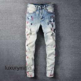 Camisetas Jeans de diseñador Amirrs 2023 Jean Casual Hip Hop desgastado y lavado Tinta Color Pintura Slim Fit Men's LP1I