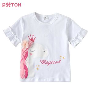 T-shirts Dxton Childrens and Girls Short Sheeved T-Shirt Summer geplooide mouw Childrens T-shirt Unicorn Print Childrens Top Family Clothing Girl Clothing 3-8YL2405